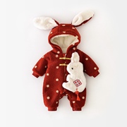 婴儿连体衣冬装宝宝加绒盘扣小兔子保暖连帽棉衣新生儿外穿爬服