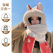 冬季帽子女款可爱毛绒围巾，围脖手套三件套狐狸，耳朵保暖秋冬天一体