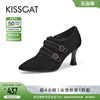 接吻猫靴子春季时髦法式小踝靴优雅尖头，羊绒面高跟鞋时装女靴