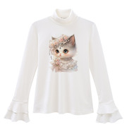 甜美猫咪印花上衣女秋冬女款长袖修身体恤，白色高领打底衫女潮