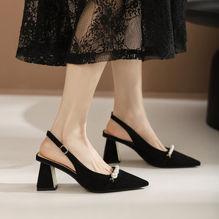 法式高级感旗袍马面裙高跟鞋女夏季黑色粗跟鞋子包头凉鞋单鞋