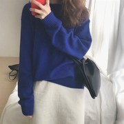 韩版秋冬加厚慵懒宽松套头羊绒衫，打底衫宝蓝色，圆领羊绒毛衣女长袖