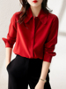 正红色桑蚕丝衬衫，女2023娃娃，领防走光垂感纯色中国红长袖衬衣