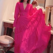 春天圆舞曲玫红色法式气质，名媛高品质质感优雅连衣裙