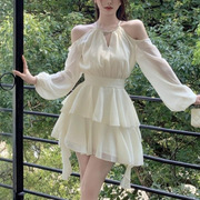 长袖甜美白色裙女仙女荷叶雪纺2024短裙收腰仙气蛋糕连衣裙法式边