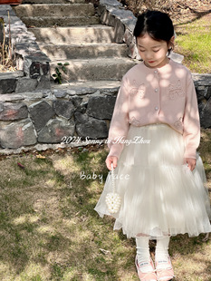 韩版儿童上衣24春装女童甜美立体花纹淡粉色圆领长袖针织开衫