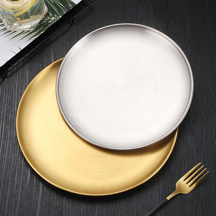 不锈钢圆盘烤肉店烧烤盘家用金色托盘蛋糕盘水果浅盘子餐厅吐骨碟