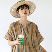 日本海外直邮2023秋女装纯棉条纹宽松短袖连衣裙长裙