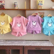 韩版童装女宝宝卡通，糖果色夏季两件套婴幼儿老鼠，棉运动休闲套装