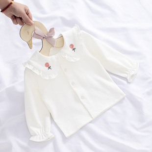 女童衬衫纯棉1岁宝宝t恤长袖，翻领公主白色，娃娃衫婴儿打底衫春秋装