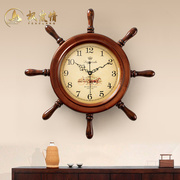 美式实木舵手挂钟客厅，家用时尚创意中式复古装饰时钟个性船舵壁钟
