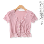 蕾丝T恤夏季外贸女装时尚百搭短款单排扣显瘦短袖螺纹衫15543