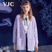 VJC/威杰思秋冬女装香芋紫V领毛衣刺绣提短款针织开衫