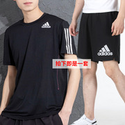 Adidas阿迪达斯黑色运动套装男2024春季透气短袖T恤休闲短裤