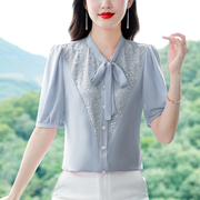 女士短袖雪纺衫2023系带衬衫上衣设计感小众独特别致亮片小衫