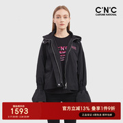 c'n'c女装，2023年秋冬法式梭织黑色短款长袖拉链风衣外套女