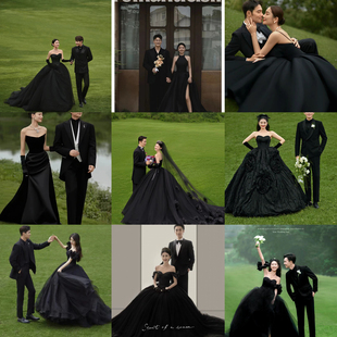 影楼主题拍照服装黑色抹胸婚纱情侣旅拍草坪外景在逃公主礼服