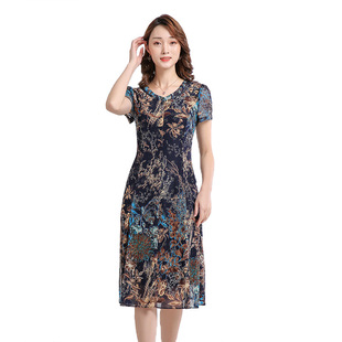 祥丽鸿351-3 中老年女装裙子蓝色妈妈连衣裙夏季印花台湾网纱短袖