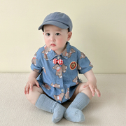 宝宝短袖牛仔连体，衣服夏季薄款婴幼儿童男婴儿，满印熊三角哈衣