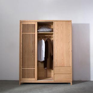 实木衣柜北欧白橡木整体衣橱推拉门格栅门日式开门卧室移门收纳柜