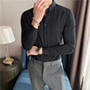 2023秋季黑色条m纹衬衫，韩版修身商务，免熨烫加绒衬衫轻奢加绒保暖