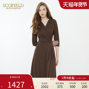 Scofield女优雅气质设计感裙装修身V领七分袖连衣裙秋季