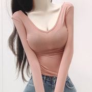 韩国女装深de我心的性感露背大v领薄款粉色，长袖打底衫上衣t恤女