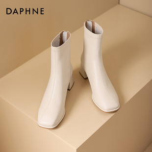 达芙妮真皮法式瘦瘦靴白色短靴，女2024年方头，高跟鞋靴子女秋冬
