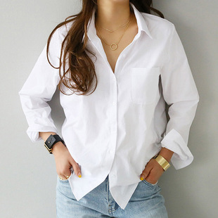 Women white simple turn-down collar OL style shirt长袖衬衫