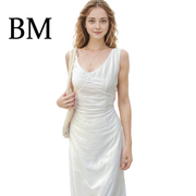bm长裙v领蝴蝶结，系带收腰茶歇小白裙无袖，白色法式连衣裙女夏
