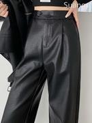 黑色直筒皮裤子女秋冬季2023年小个子窄版阔腿裤垂坠感西装裤