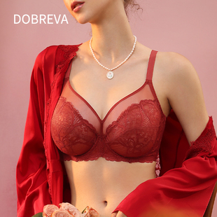 Dobreva红色内衣本命年龙年结婚新娘套装薄款女大胸显小大码文胸
