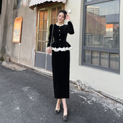 韩版高级感丝绒连衣裙女2024春装黑色收腰显瘦气质假两件裙子