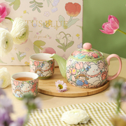 蓝莲花羡鸟文社手绘釉下彩茶具，礼盒套装陶瓷家用茶壶茶杯下午茶杯