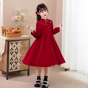 女童娃娃领连衣裙洋气秋冬季礼服，公主裙中大童灯芯绒儿童红色裙子