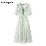 拉夏贝尔lachapelle娃娃领雪纺碎花连衣裙，女夏季小清新绿色裙子