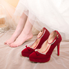 防水台婚鞋女2023年酒红色新娘鞋绒面高跟鞋一字扣中式秀禾鞋