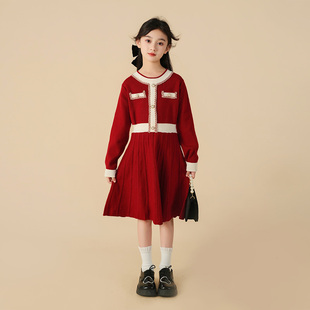 女童秋冬款针织连衣裙，2023洋气潮大童女装，红色小香风公主裙子