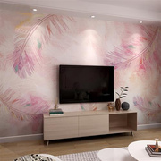 北欧电视背景墙纸粉色羽毛，壁纸卧室客厅沙发简约壁画，网红拍照墙布