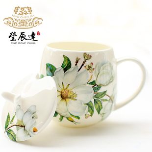 骨瓷马克杯带盖勺创意杯子牛奶杯，陶瓷情侣水杯，可爱韩版简约咖啡杯