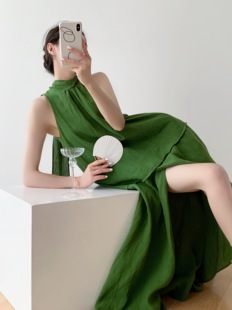 Srose 一抹浓绿  显白绿调亚麻连衣裙法式高级感挂脖长裙夏季