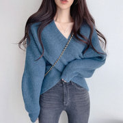 韩国chic秋季优雅女人味交叉V领设计不规则长袖套头针织衫毛衣女