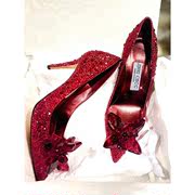 法式水钻红色高跟鞋灰姑娘，水晶鞋婚鞋女公主鞋，宴会秀禾婚纱新娘鞋