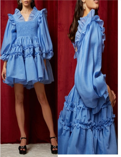连衣裙女蓝欧根纱长袖，灯笼袖蓬蓬裙弹力绣花荷叶，边套头公主裙