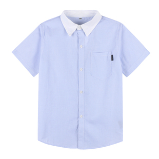 男女童浅蓝短袖竖条衬衫小学生长袖，翻领衬衣英伦风中大童儿童校服