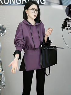 设计感时尚拼色连帽卫衣女秋季韩系个性两侧拉链收腰显瘦上衣