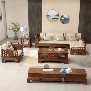 鸡翅木贵妃沙发转角现代L型实木软体小户型客厅新中式红木家具