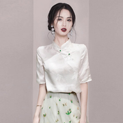 夏季新中式国风白色立领盘扣提花雪纺短袖衬衫女小衫气质上衣