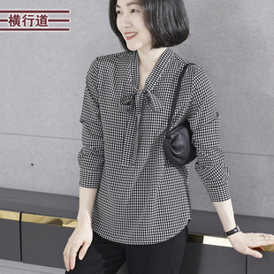 2025春季新款简约韩版宽松飘带领千鸟格长袖雪纺衫女大码上衣外穿