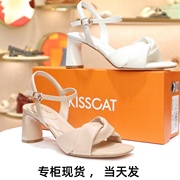 KISSCAT接吻猫女鞋2024夏款高跟粗跟羊皮舒适凉鞋KA43320-10